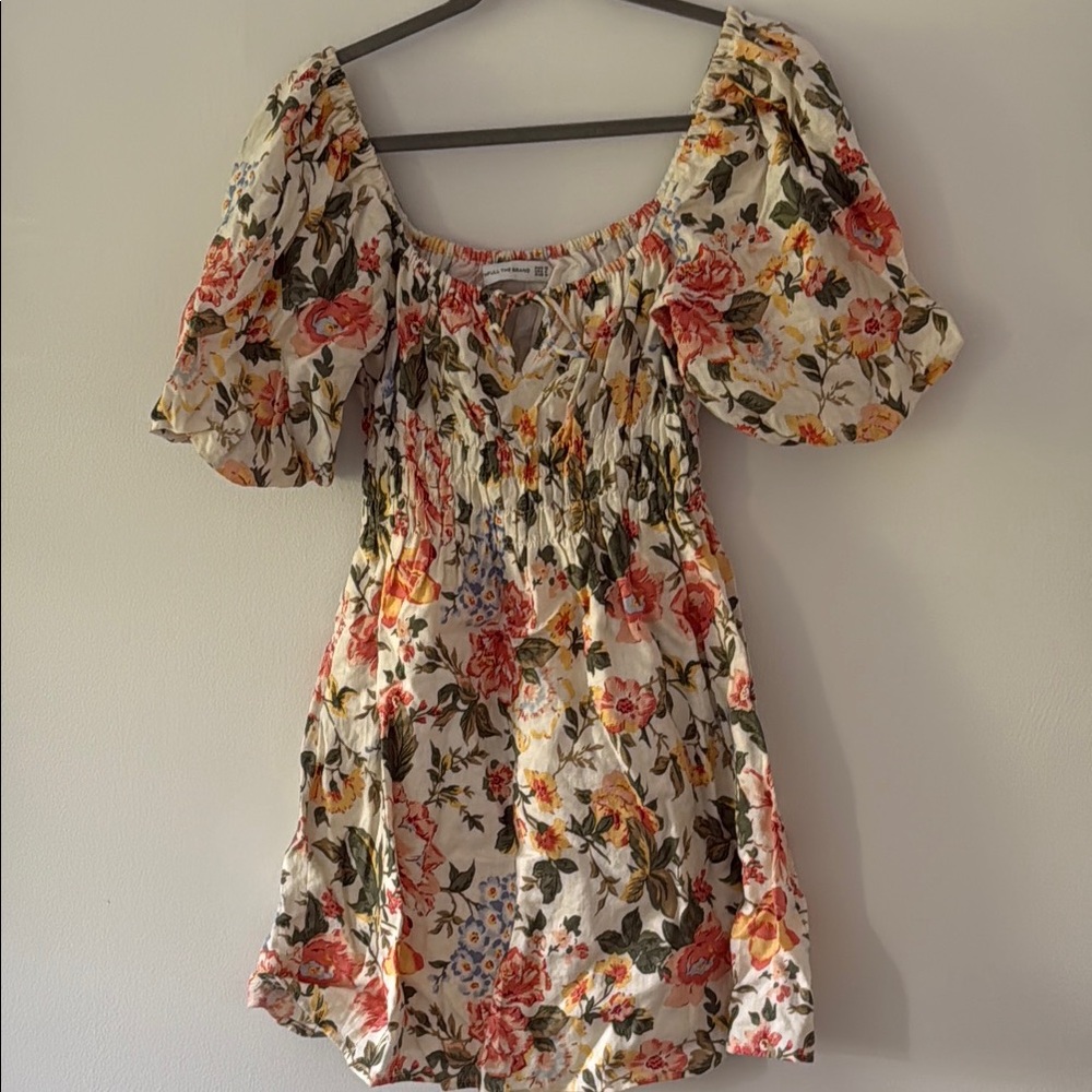 Faithfull the Brand Pink and Orange Puff Sleeve Mini Dress